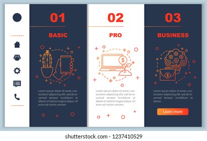Business development onboarding mobile web pages vector template. Basic, pro options. Financial services. Business software. Smartphone website interface. Webpage walkthrough step screens