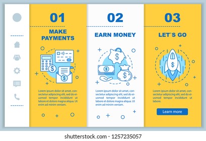 Business development onboarding mobile web pages vector template. Responsive smartphone website interface.Financial services. Make payment, earn money, startup launch. Webpage walkthrough step screens