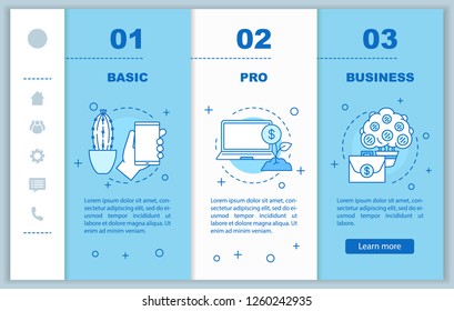 Business development onboarding mobile web pages vector template. Basic, pro options. Financial services. Business software. Responsive smartphone website interface. Webpage walkthrough step screens