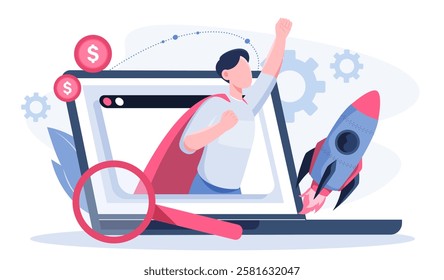 Business development online. Man on laptop screen near rocket and magnifying glass. Optimization of business processes and organization of effective workflow. Flat vector illustration