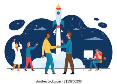 Business development, partner cooperation to launch startup. Team of tiny happy office characters start new project, handshake of entrepreneurs flat vector illustration. Innovation, teamwork concept