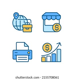 Business Development Pixel perfekte RGB Farbsymbole Set. E-Commerce. Einzige Vektorgrafiken. Einfache Kollektion von ausgefüllten Zeilenzeichnungen. Bearbeitbarer Strich. Montserrat fett, verwendete leichte Schriftarten