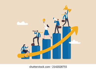 Business development plan for improvement, teamwork help growing revenue, growth and achievement, team strategy for business success concept, business people team working on improve bar graph.