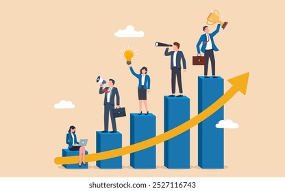 Plano de desenvolvimento de negócios para melhoria, trabalho em equipe ajuda a aumentar a receita, crescimento e realização, estratégia de equipe para o conceito de sucesso de negócios, equipe de funcionários de negócios trabalhando em melhorar gráfico de barras.