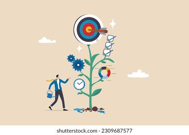 Business development plan, management or strategy to achieve target, growing business or growth, planning for success concept, businessman watering seedling plant with process and task to success.