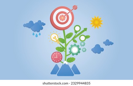 Business development plan, management or strategy to achieve target, growing business or growth, planning .on blue background.Vector Design Illustration.