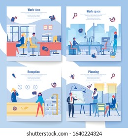 Business Development Planning and Successful Time Management Set. Business People, Men and Women Cartoon Characters at Workplace Perform Job Duties and Daily Tasks. Flat Vector Illustration.