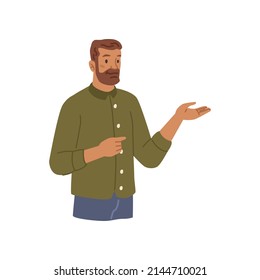 Business development presentation, isolated bearded worker showing points and gesturing. Vector flat cartoon character leading meeting, making examples. Conference or promotion marketing