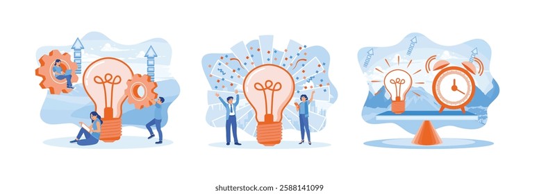 Business development process. People develop business ideas towards targets. Balance between time and ideas. Business Idea concept. Set flat vector illustration.
