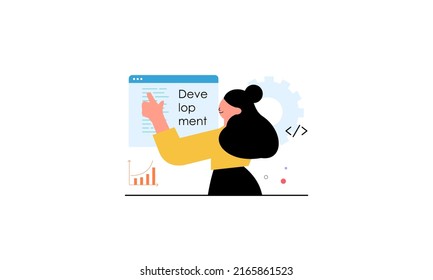 Business development, programming Illustration. People working on web and application development on computers. Software developers. Flat vector style illustrations. 