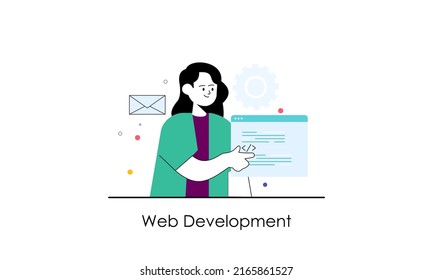 Desarrollo empresarial, programación Ilustración. Personas trabajando en el desarrollo de aplicaciones y web en computadoras. Desarrolladores de software. Ilustraciones de estilo vector plano. 