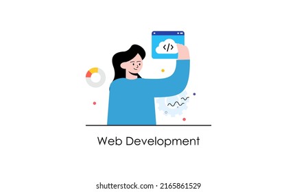 Business development, programming Illustration. People working on web and application development on computers. Software developers. Flat vector style illustrations. 
