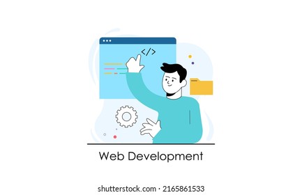 Desarrollo empresarial, programación Ilustración. Personas trabajando en el desarrollo de aplicaciones y web en computadoras. Desarrolladores de software. Ilustraciones de estilo vector plano. 