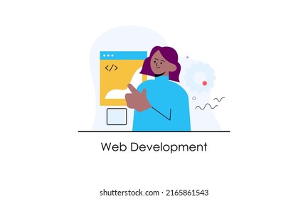 Desarrollo empresarial, programación Ilustración. Personas trabajando en el desarrollo de aplicaciones y web en computadoras. Desarrolladores de software. Ilustraciones de estilo vector plano. 