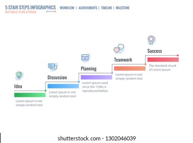 Business development, Project management, milestones infographics, Timeline Infographics, Achievement Stair steps, Corporate Business concept with 5 process steps, Editable stroke