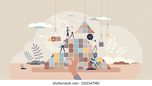 Business development and project teamwork for success tiny person concept. Build company achievements and invest in corporate growth vector illustration. Professional work progress and improvement.