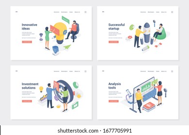 Business development and promotion isometric landing page templates set. Innovative ideas, successful startup, investment solutions, analysis tools. Businesspeople launching project cartoon characters