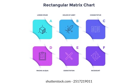 Business development rectangular matrix chart infographic design template. Analytics of commercial processes vector illustrations with 6 steps. Visual data presentation for banners creation