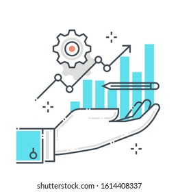 Business development related color line vector icon, illustration. The icon is about chart, finance, growth hacking, performance, statistics, hand. The composition is infinitely scalable.