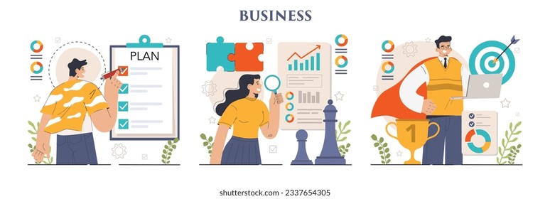 Business development set. Entrepreneurship success and growth strategy. Management, planning and competitor analysis. Company innovations for career progress. Flat vector illustration