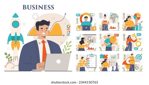 Conjunto de desarrollo empresarial. El éxito de la iniciativa empresarial y la estrategia de crecimiento. Gestión, planificación y análisis de la competencia. Innovaciones empresariales para el progreso profesional. Ilustración vectorial plana