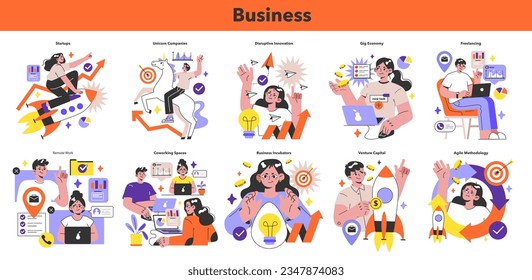 Business development set. Modern entrepreneurship model. Startup, unicorn company, disruptive Innovation. Company innovations. Business incubators and venture capital. Flat vector illustration