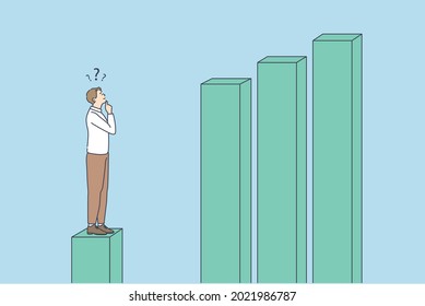 Business development and statistics concept. Young thinking frustrated businessman standing on statistics cube touching chin looking at growing cubes ahead vector illustration 