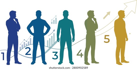 Business development steps, businessman silhouettes with growth chart, professional success progress infographics, career financial plan infographic