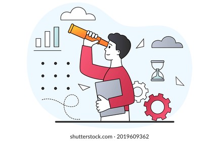 Concepto de estrategia de desarrollo empresarial. Leader mira a su compañía en el futuro y desarrolla formas de promoción. Hombre con telescopio. Dibujo vectorial plano del doodle de dibujos animados aislado en fondo blanco