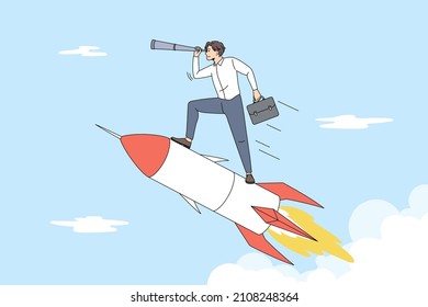 Business development and strategy concept. Young smiling businessman standing on rocket and looking forward with spyglass looking for opportunities vector illustration 