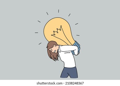 Business development strategy and business concept. Young businesswoman carrying huge light bulb on back feeling heavy trying to overcome difficulties vector illustration 