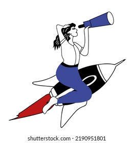 Business development and strategy concept. Young businesswoman sitting on rocket and looking forward with spyglass looking for opportunities vector illustration


