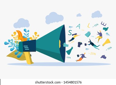Business development strategy. Discount, deposit, installment plan. Attracting customers, buyers. Metaphor of people, words, things fly out of the loudspeaker. Advertising. Colorful Vector Illustratio