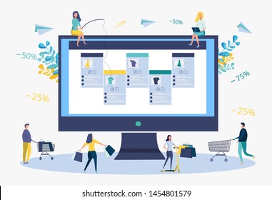 Business development strategy. Discounts on services, installment. Attracting customers, buyers. Online store. People catch things on the bait. Metaphor. Colorful Vector Illustration