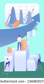 Business development Strategy Flat Illustration. Men and Woman Cartoon Characters. Finance Management, Entrepreneurship. Path to Success, Career Ladder. Chart with Market Metrics, Analytics