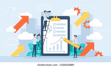 Business development strategy planning. Data analysis, cooperation of company departments. Scheduling a financial or economic strategy to develop the company. Tiny characters. Flat vector illustration