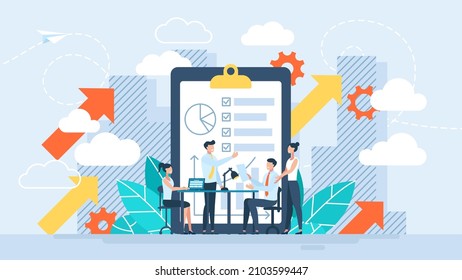 Planificación de la estrategia de desarrollo empresarial. Análisis de datos, cooperación de departamentos de empresas. Programar una estrategia financiera o económica para desarrollar la empresa. Pequeños caracteres. Ilustración vectorial plana