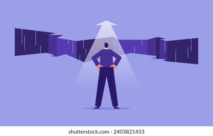 Business development and success concept, businessman standing backwards and looking forward with white arrow going up over fence, go to the goal of success on the opposite