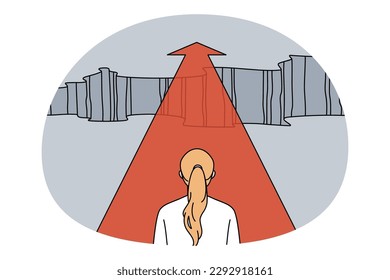 Business development and success concept. Businesswoman standing backwards and looking forward with red arrow going up over fence vector illustration