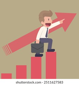 Business development and success concept. Young positive businessman standing pointing up with arrows feeling confident with growth and development illustration vector