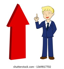 Business development to success and growing growth concept. Happy young businessman with red arrow going up. Vector illustration.