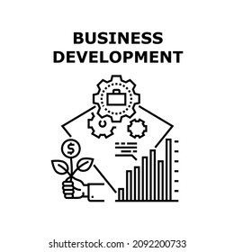 Business development success. Research strategy. Project plan. People growth. Work industry. Team advice vector concept black illustration