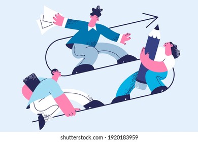 Business development, success, team concept. Business people partners riding on one big arrow and going forward together gaining targets and aims vector illustration