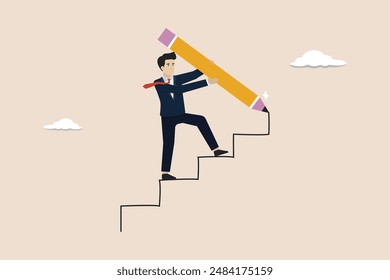 Business development successful, strategies for success, career path achievement concept, smart businessman drawing stairs going up and walking up the stairs.