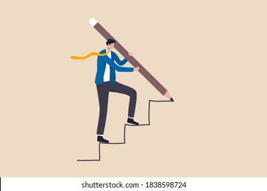 Business development successful, strategy to reach business target or career path achievement concept, smart businessman use huge pencil to draw rising up staircase and walk climbing up ladder.