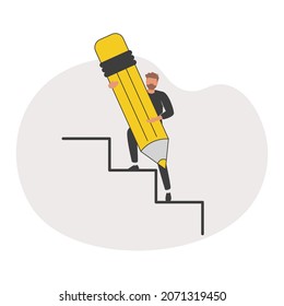 Business development successful, strategy to reach business target or career path achievement concept, smart businessman use huge pencil to draw rising up staircase and walk climbing up ladder.