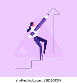 Business development successful, strategy to reach business target or career path achievement concept, businesswoman use huge pencil to draw rising up staircase and walk climbing up ladder