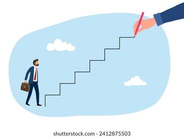 Business development successful, strategy to reach business target or career path achievement concept. Hand using pencil to draw rising up staircase and walk climbing up ladder.