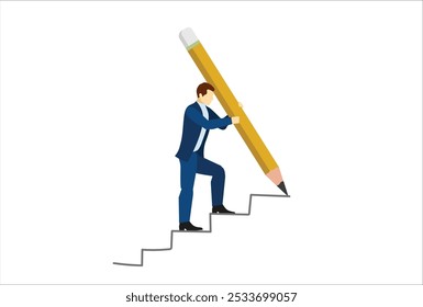 Business development successful, strategy to reach business target or career path achievement concept, smart businessman use huge pencil to draw rising up staircase and walk climbing up ladder.