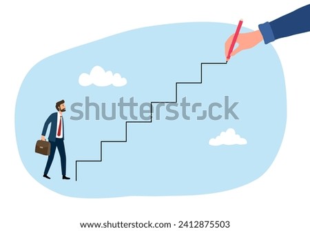 Business development successful, strategy to reach business target or career path achievement concept. Hand using pencil to draw rising up staircase and walk climbing up ladder.